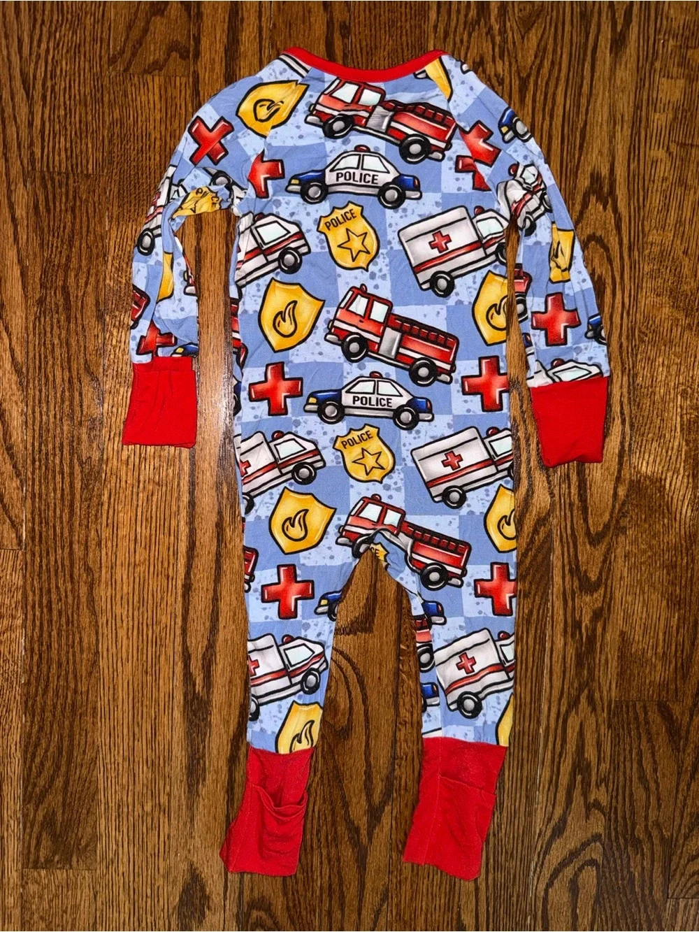 Kids Emergency Vehicles Footed One-Piece Pajamas - Blue with Red Trim